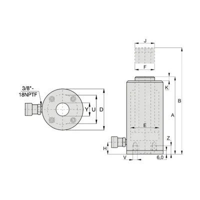 ابعاد جک هیدرولیک آلومینیومی توخالی یک طرفه مدل RACH-308 برند RAHSOL SPS